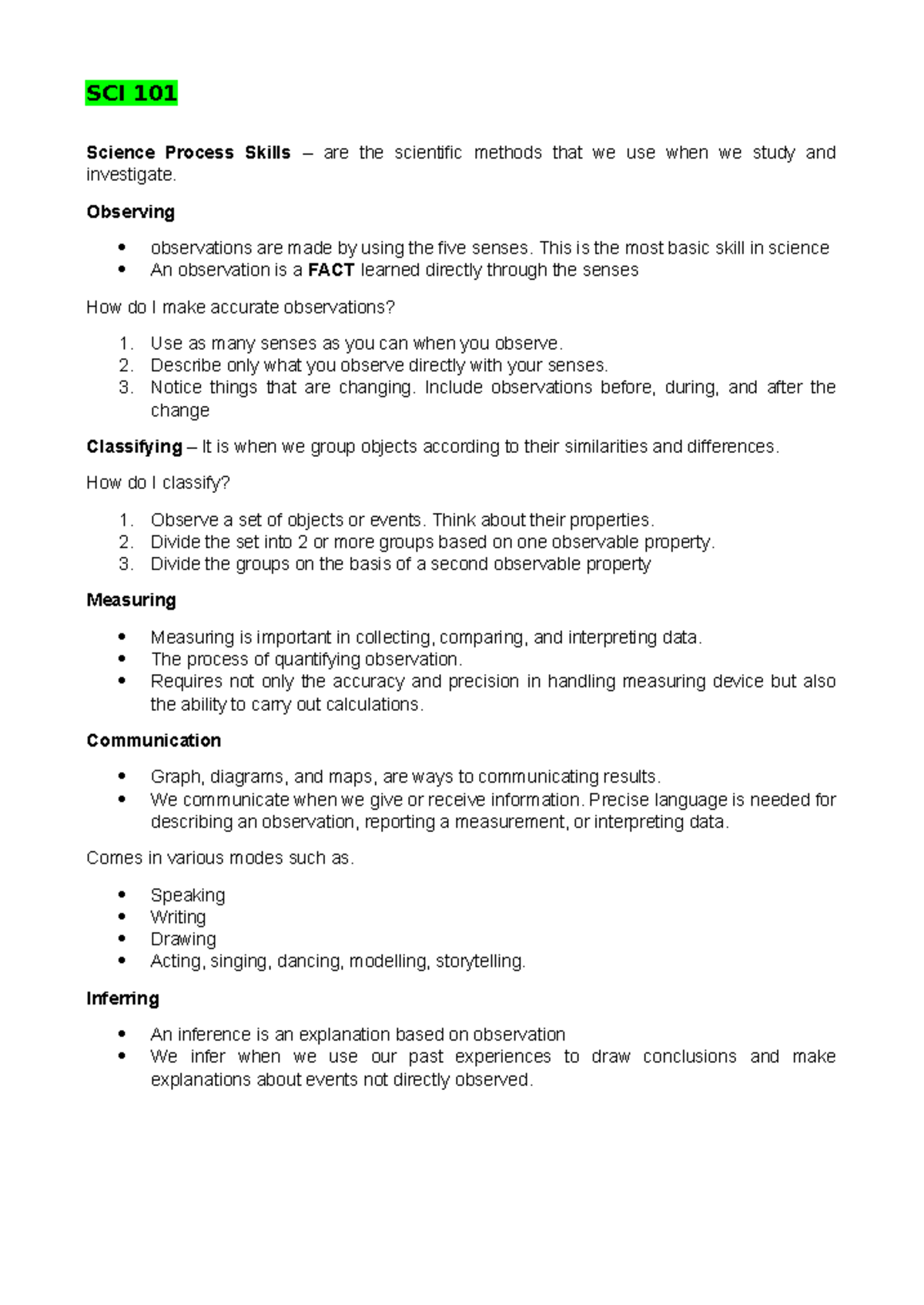 SCI 101 Final Exam Notes - Teaching Science in Elementary Grades - Studocu