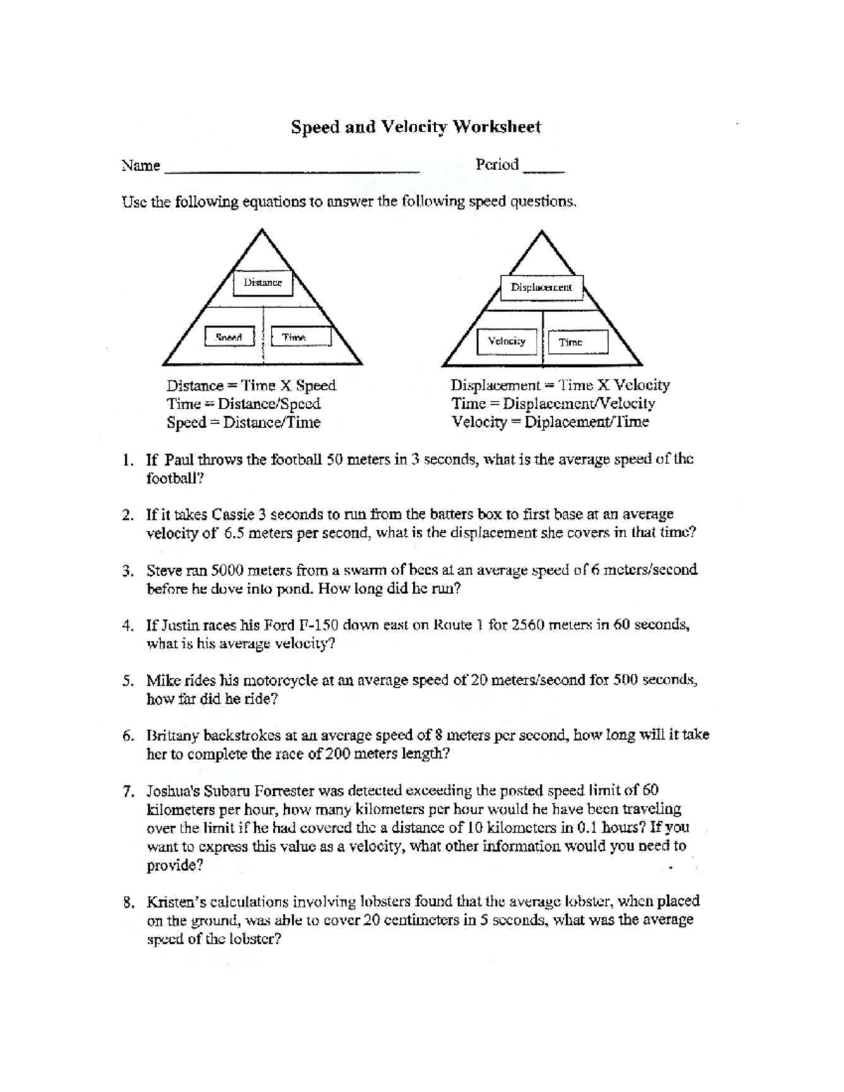 Velocity Worksheet: Speed and Displacement Problems - Studocu