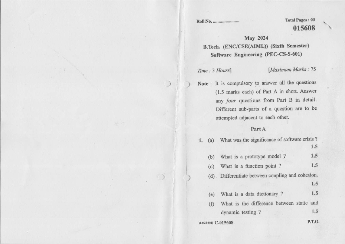 B.Tech SE 6th Sem May 2024 Exam: Software Engineering Notes - Studocu