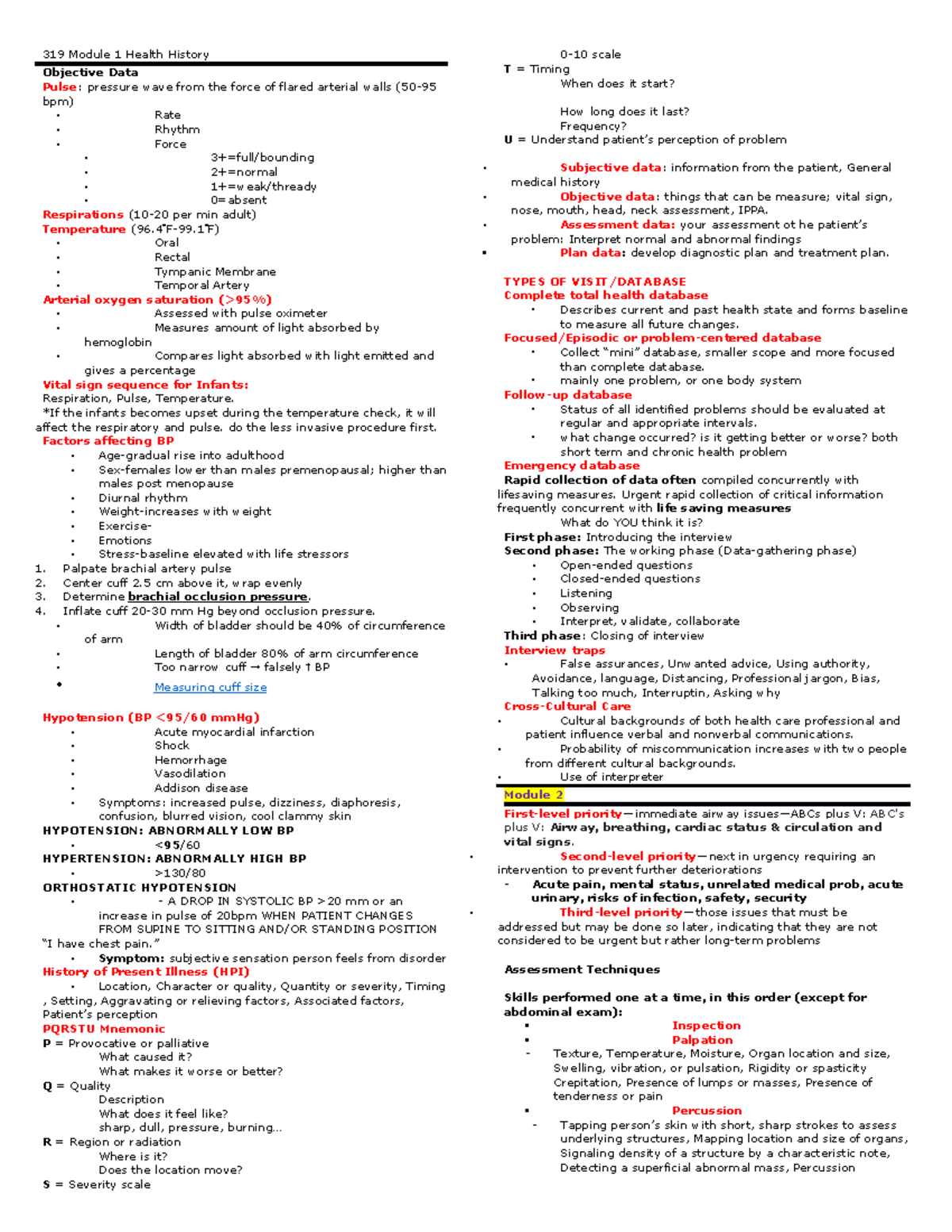 319 Cheat sheet - 319 Module 1 Health History Objective Data Pulse ...