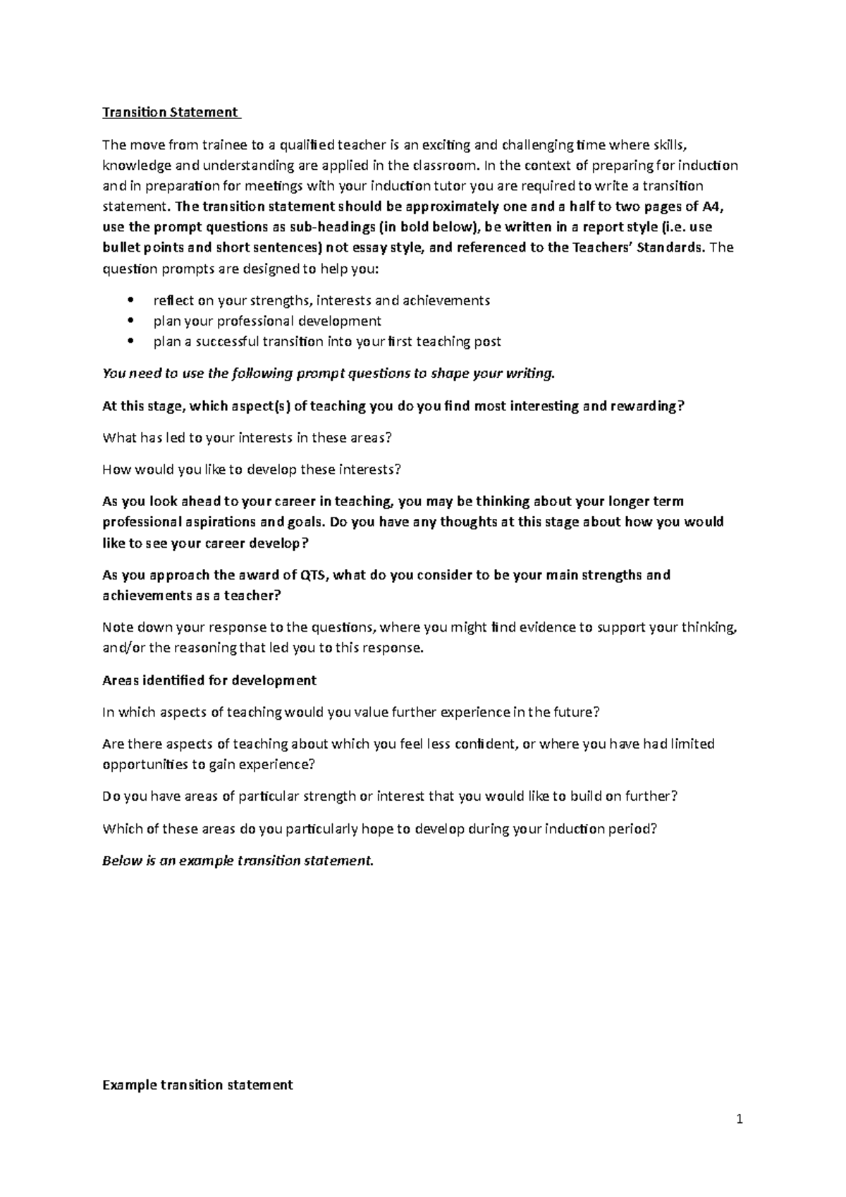 Transition Statement Guidance - Teacher Induction QTS 2021 - Studocu