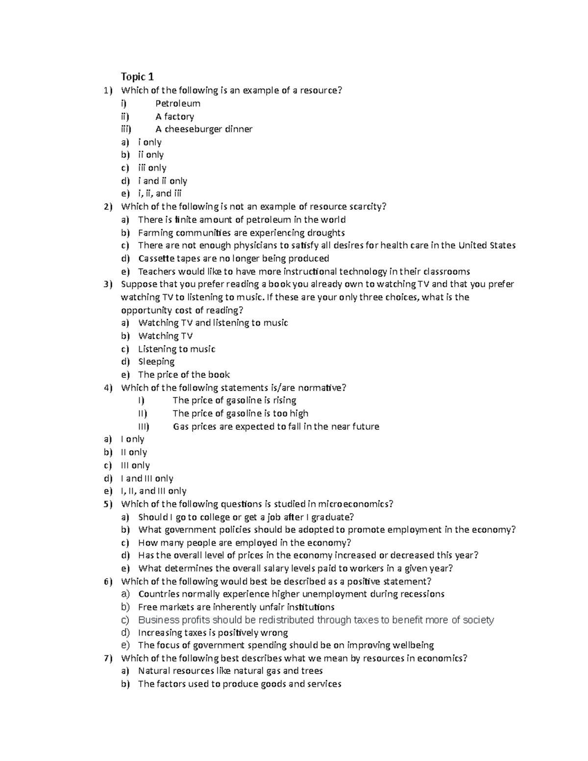 Economics Quiz Questions (Topic 1) for ECO 101 Exam Prep - Studocu