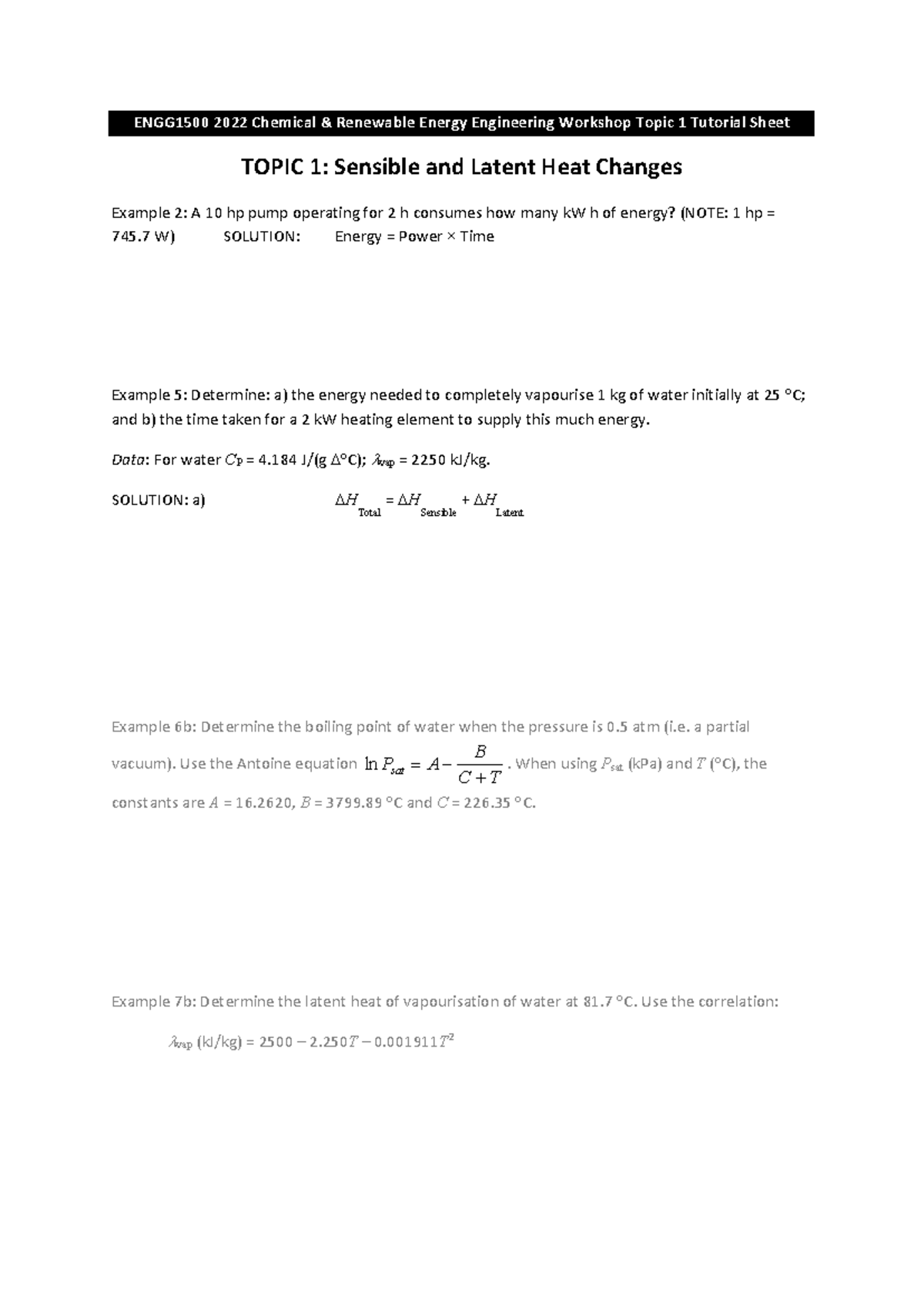 ENGG1500 Desal Workshop Work Sheet 1 - Energy for Heating & Boiling ...