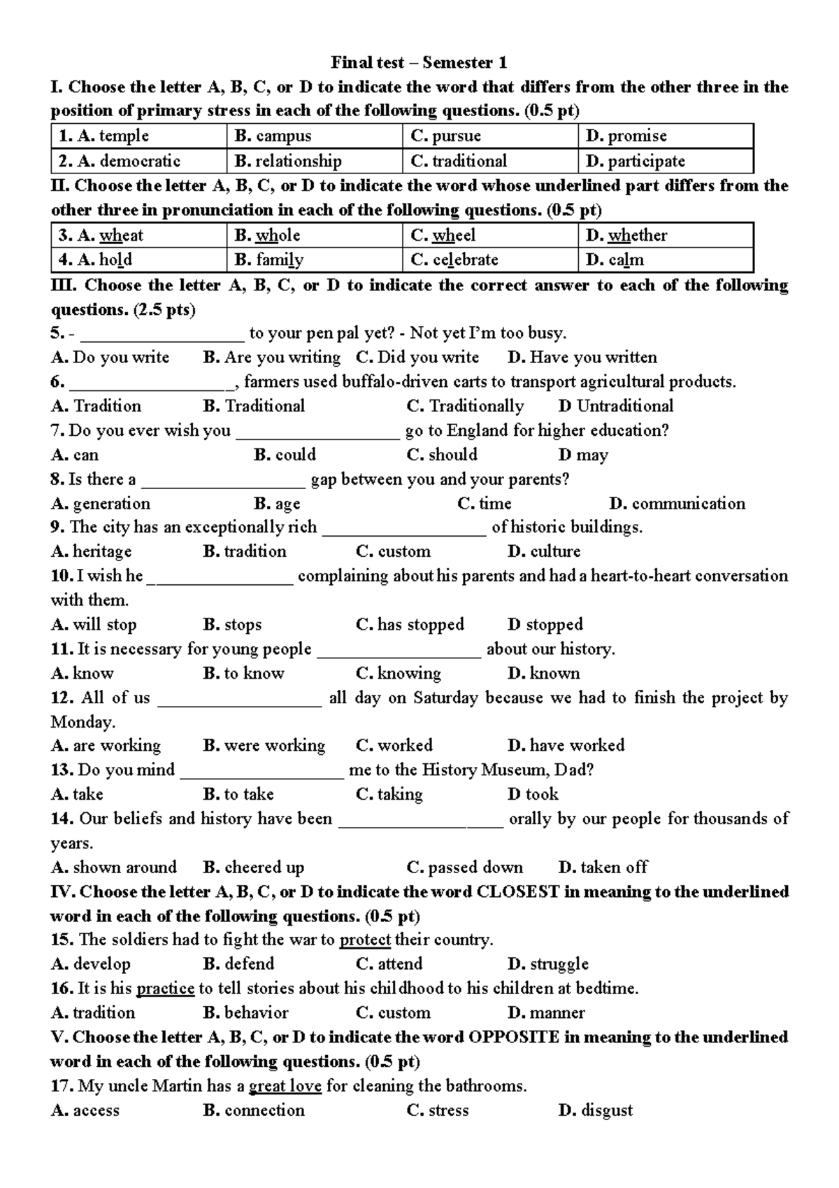 Final Test Semester 1: Vocabulary and Grammar Practice - Studocu