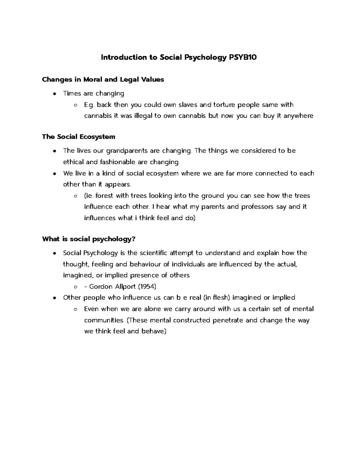 PSYB10 Lecture 1: Introduction to Social Psychology and Moral Changes ...