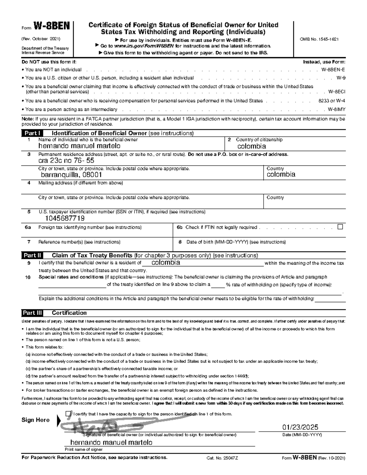 Fw8ben General - Form Certificate of Foreign Status for Tax Purposes ...