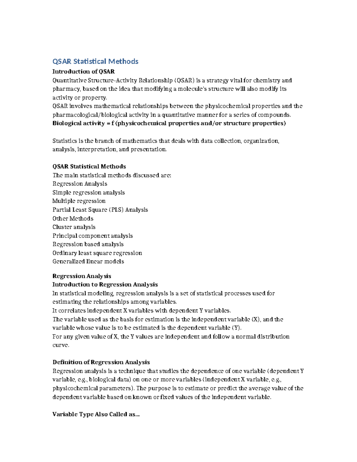 QSAR Statistical Methods: Introduction to Regression Analysis and Applications - Studocu