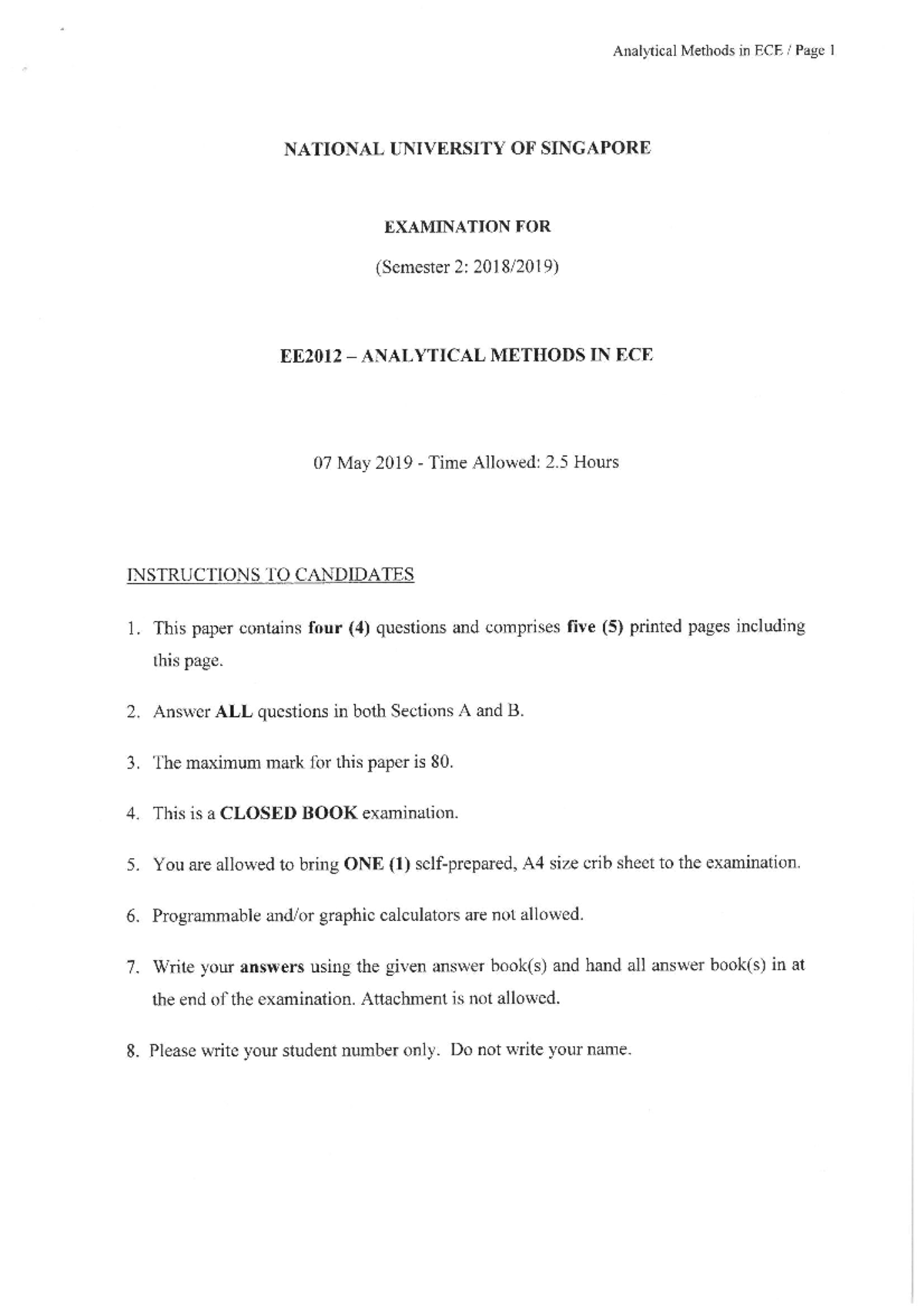 1819sem2 - EE2012 Analytical Methods in ECE Final Exam Paper - Studocu