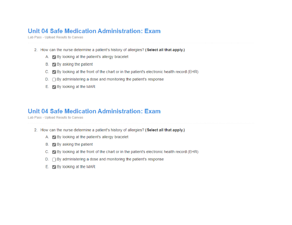 Unit 4 Safe Medication Administration Answers 28 of 28 - NSG 123