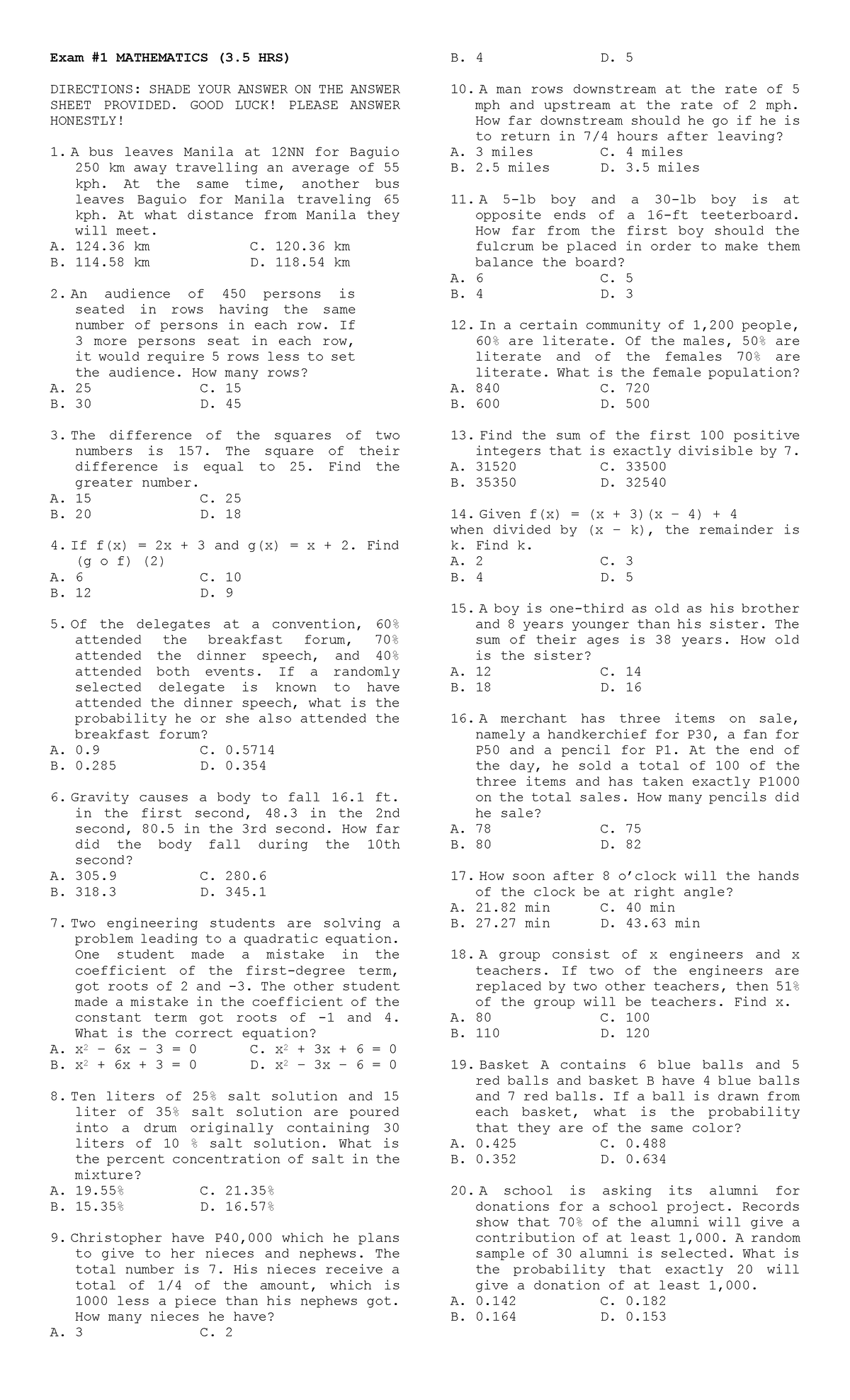 Math-Probset-100: Practice Problems for Mathematics Exam - Studocu
