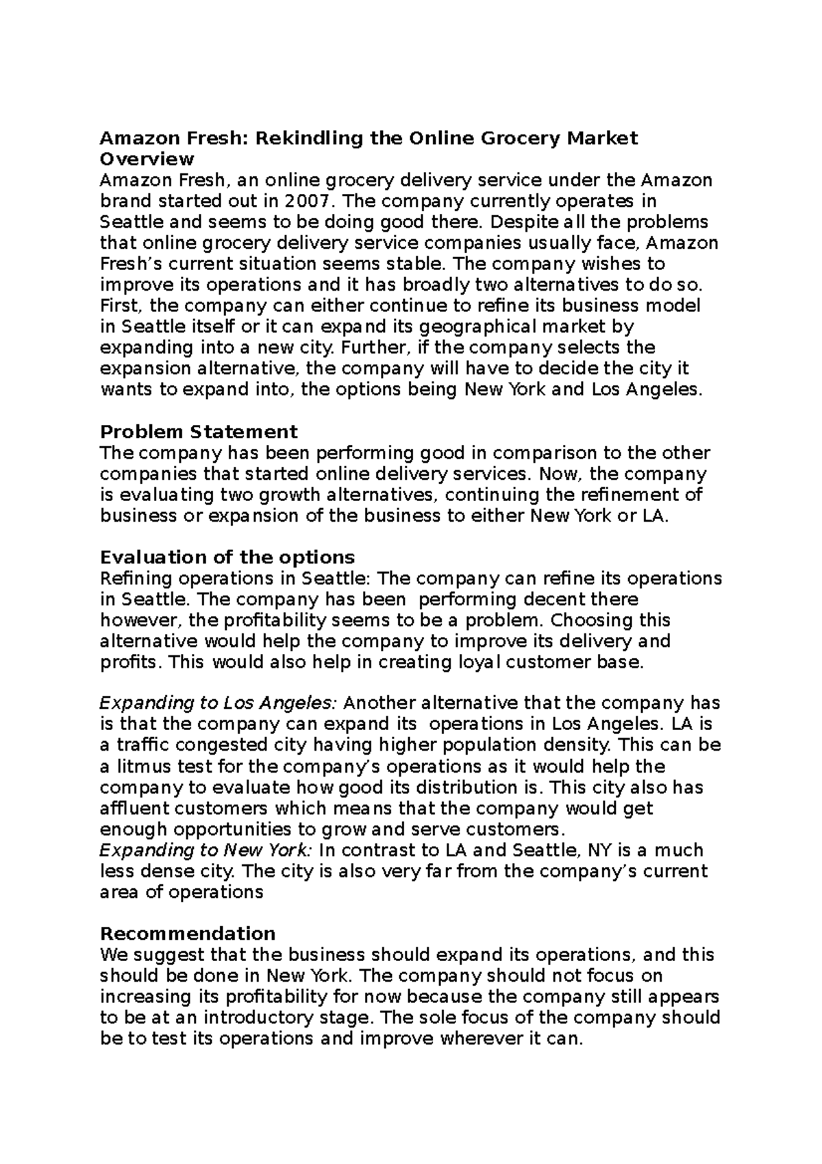 Amazon Fresh - Lecture Notes: Exploring Strategic Options for Growth ...