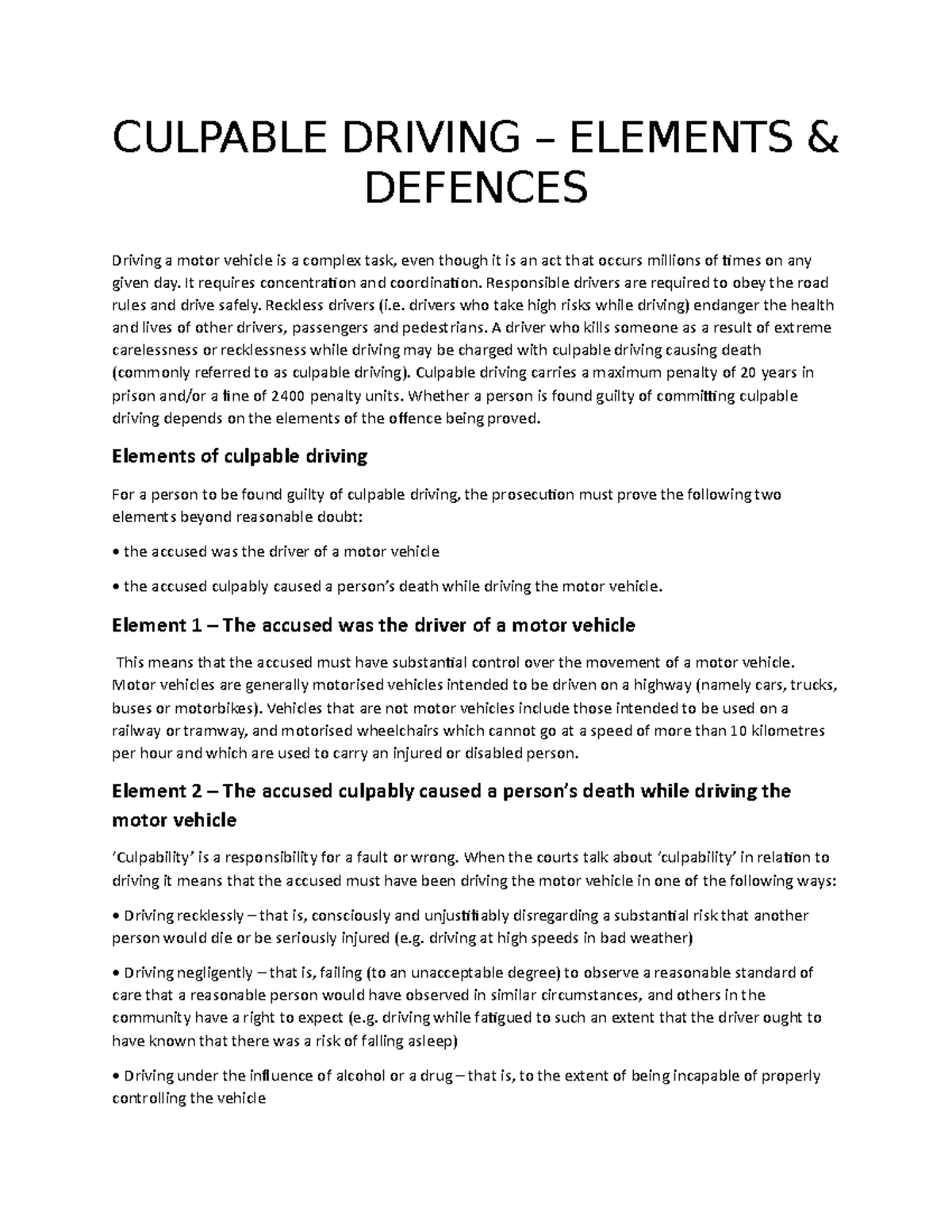 Culpable Driving Elements and Defences - CULPABLE DRIVING – ELEMENTS ...