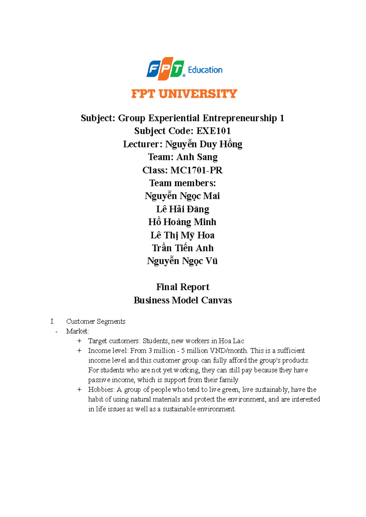 [EXE101] - Team 2 - Final Report on Business Model Canvas - Studocu
