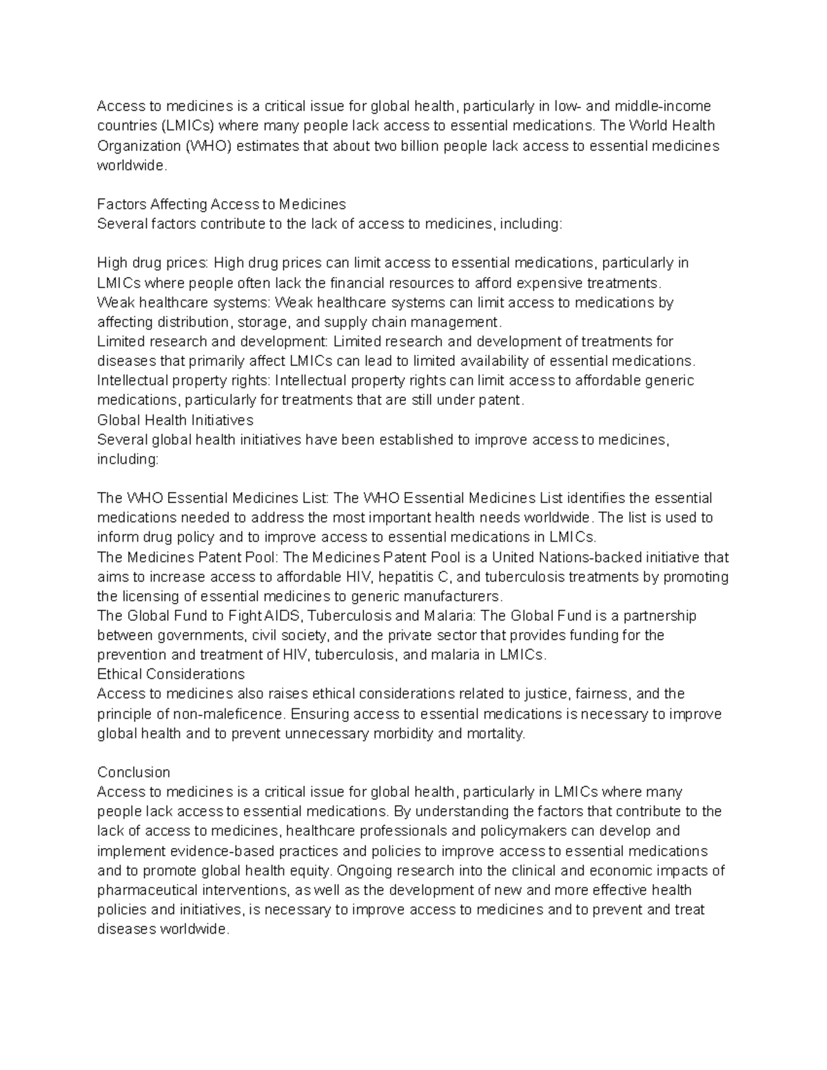 Access to Medicines and Global Health - Access to medicines is a ...