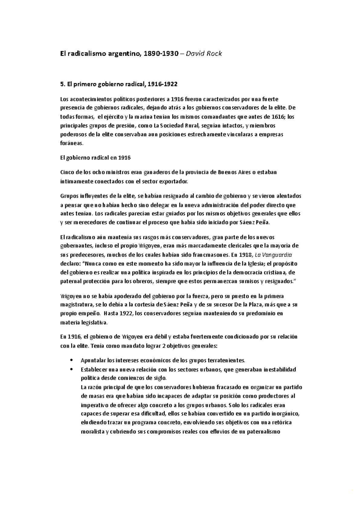 Revisando la información y el título original, propongo el siguiente nuevo título:  "El Radicalismo Argentino (1890-1930) - David Rock, Capítulo 5: Gobierno de Yrigoyen" - Document Preview