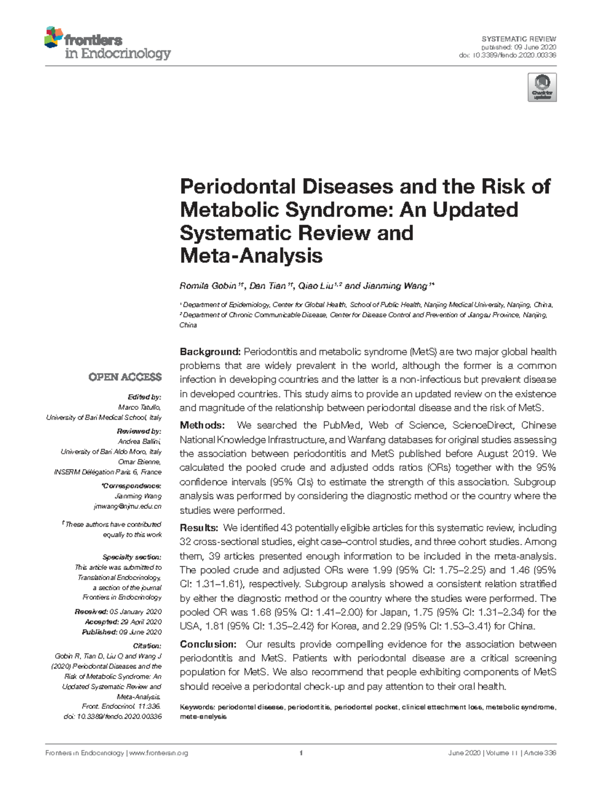 Periodontal Diseases and Metabolic Syndrome: A Systematic Review - Studocu