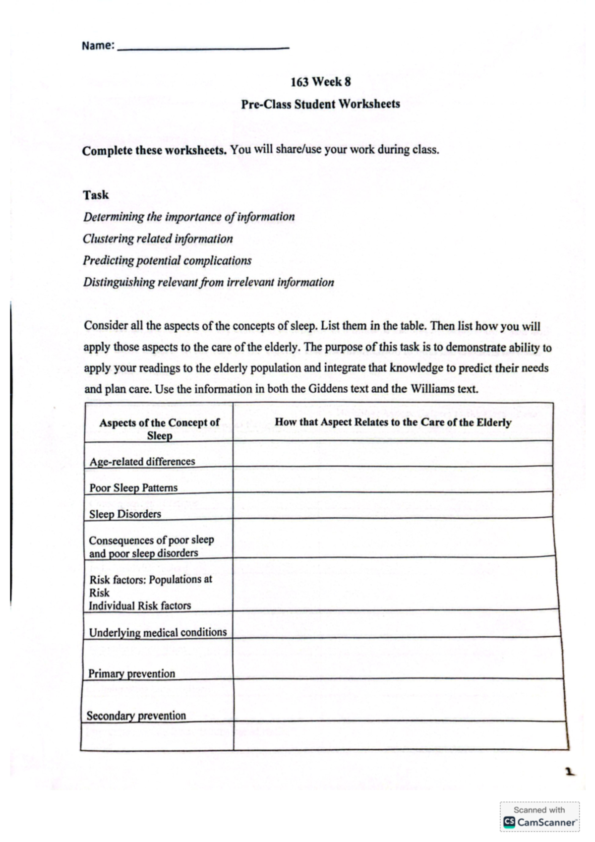 NUR 163 WEEK 8 PRE Class Assignment - Name: 163 Week 8 Student ...