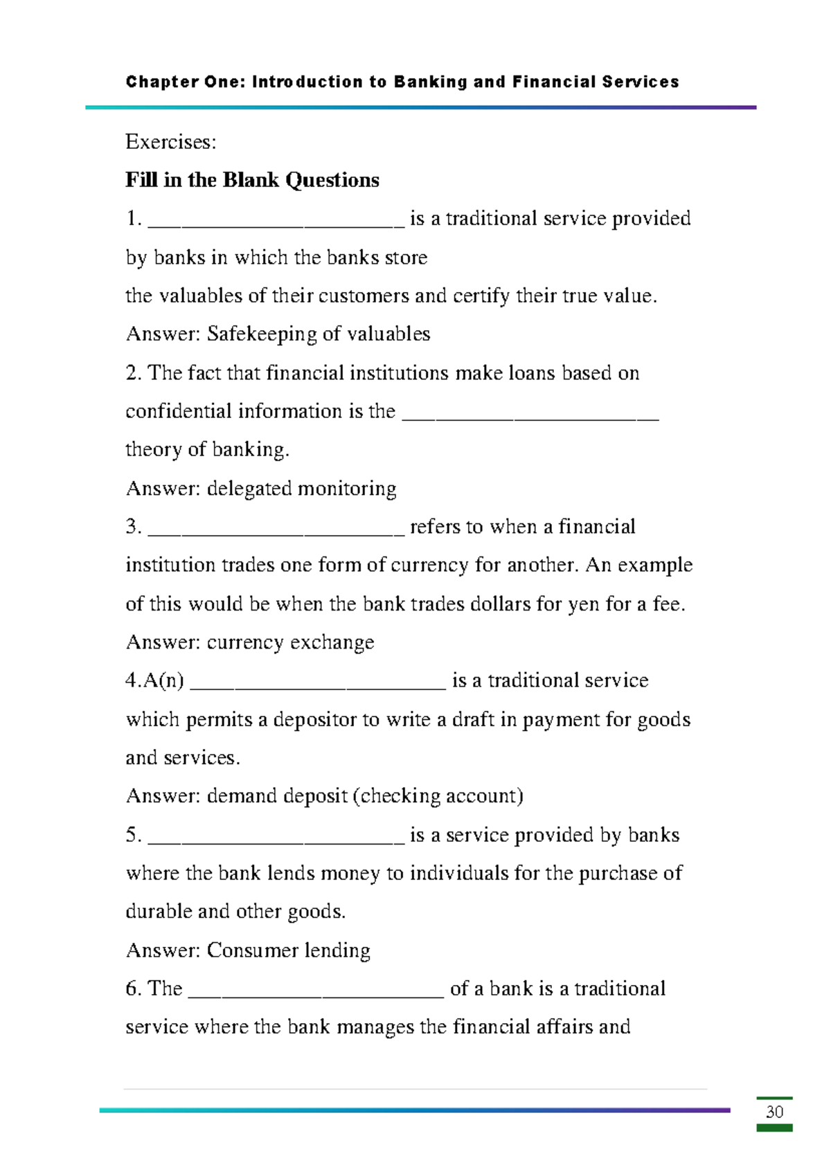 Chapter 1: Banking & Financial Services - Fill in the Blank Exercises ...