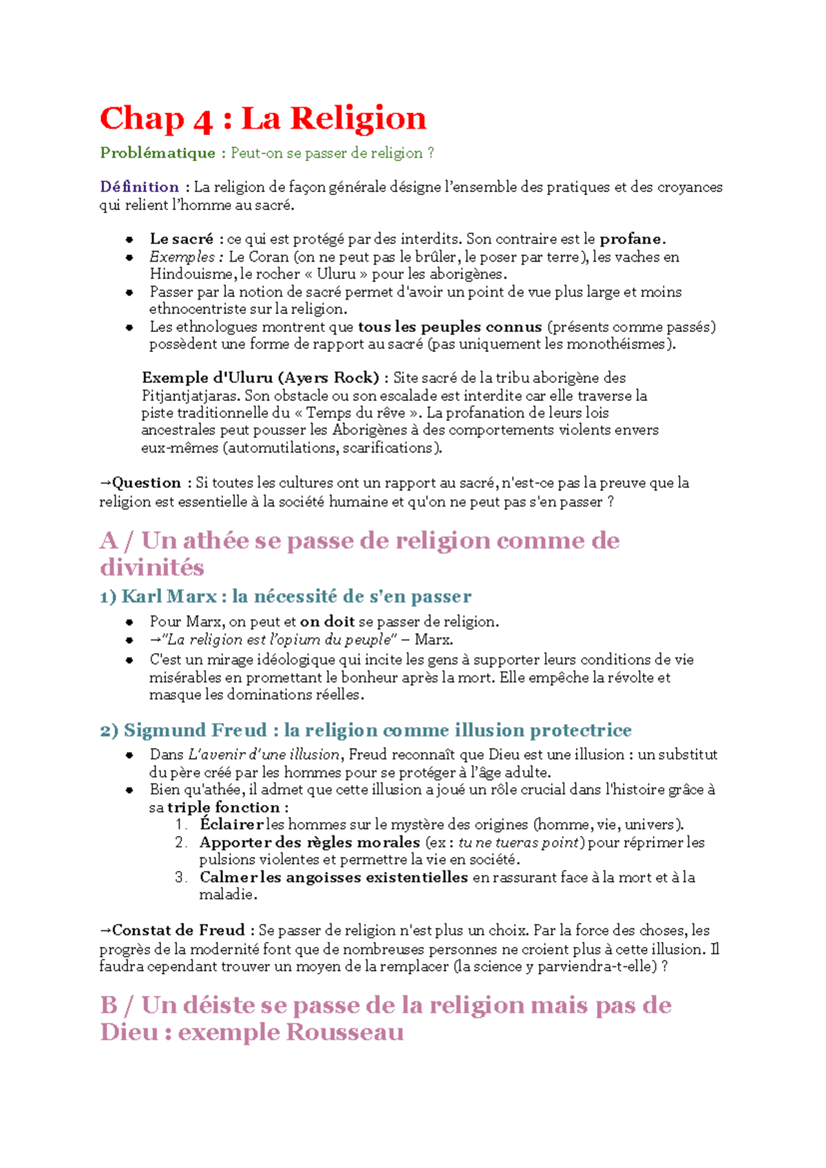 Chap 4 : La Religion et la Problématique de l'Existence sans Foi - Studocu