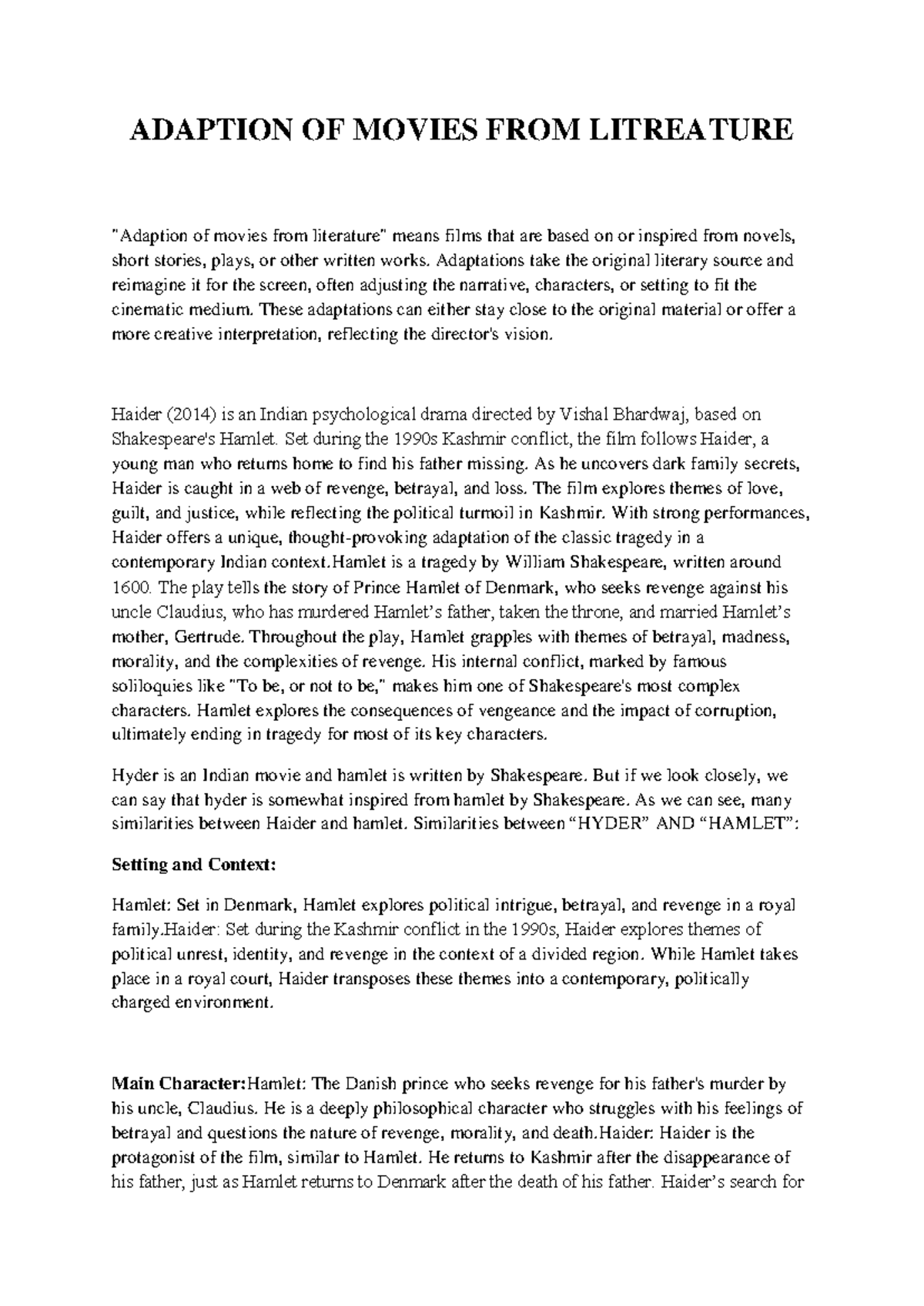 Adaption OF Movies FROM Litreature(230621042) - ADAPTION OF MOVIES FROM ...