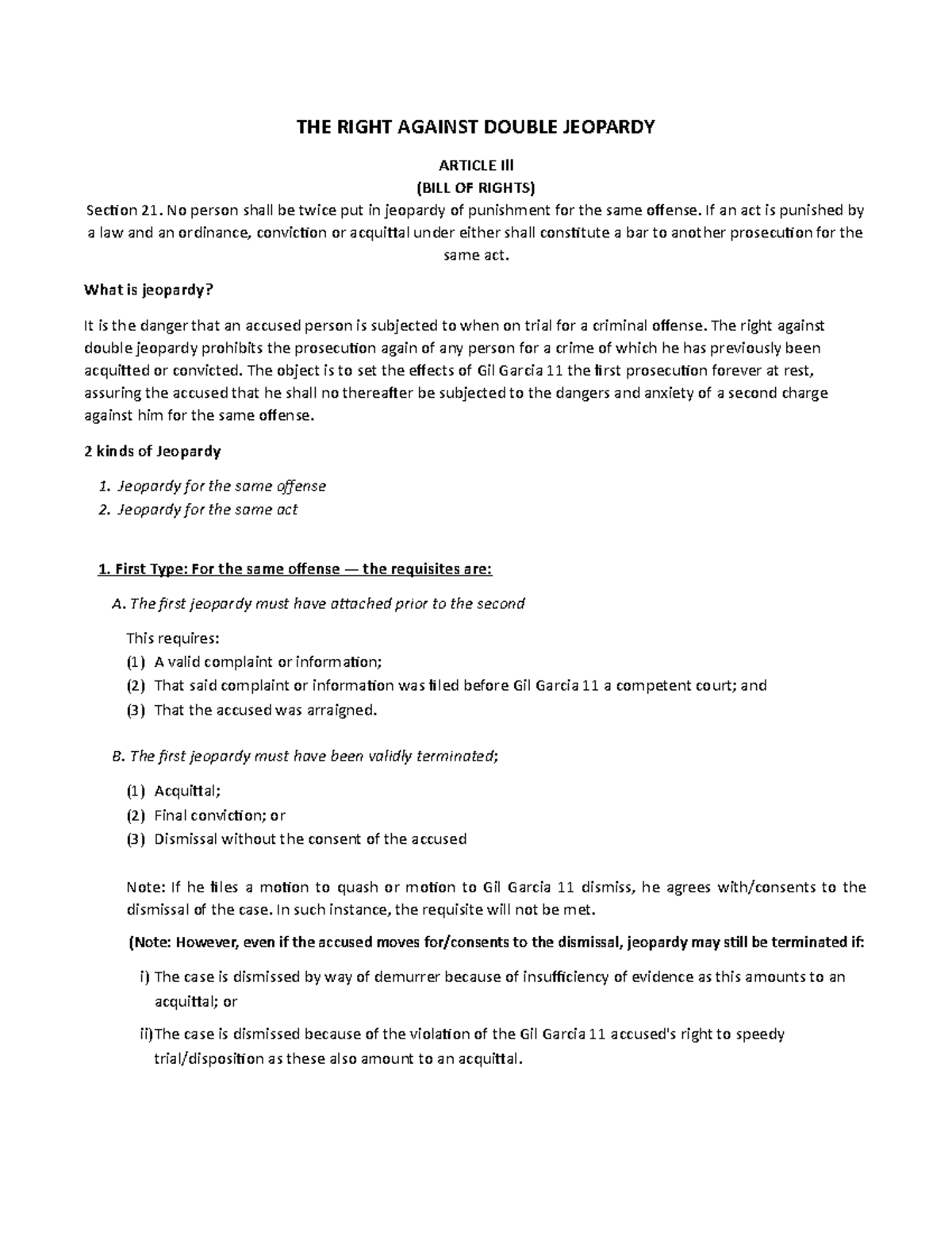 Right Against Double Jeopardy Explained (Consti 2 - Lesson Notes) - Studocu