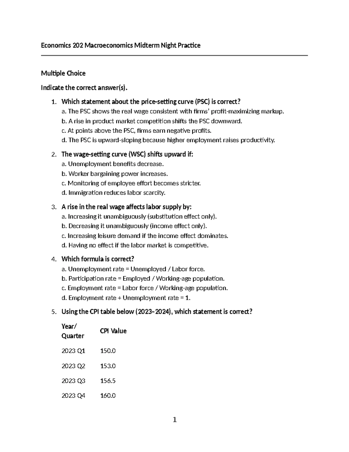 Tutorial 7: Quiz on Consumer Price Index and Inflation Concepts - Studocu