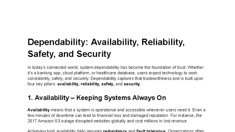 Dependability In Software Engineering Availability Reliability