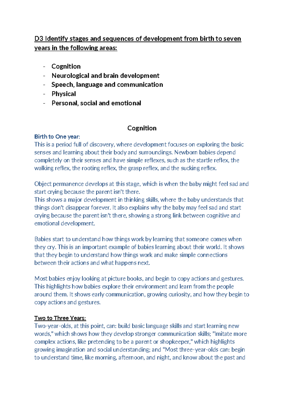 D3 Stages of Child Development: Birth to 7 Years Overview - Studocu