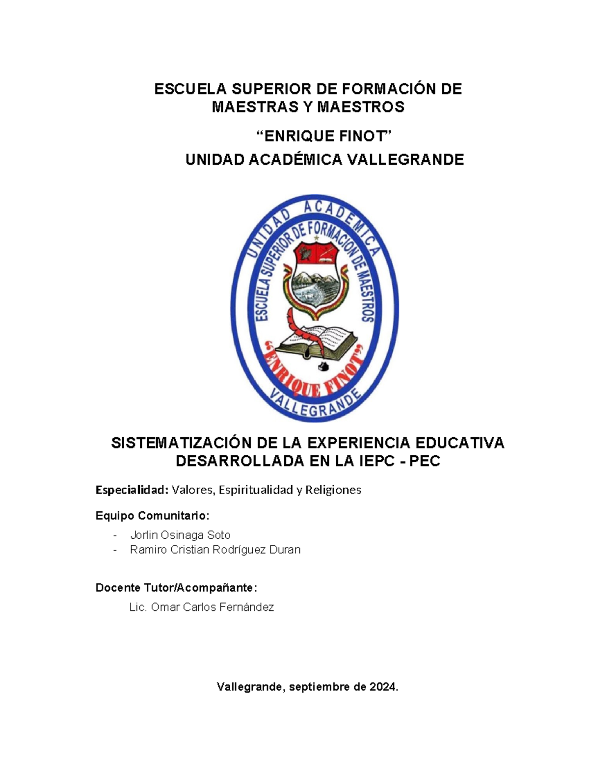 Informe sobre la Realidad Educativa e Investigación - PEC 2 Años - Document Preview