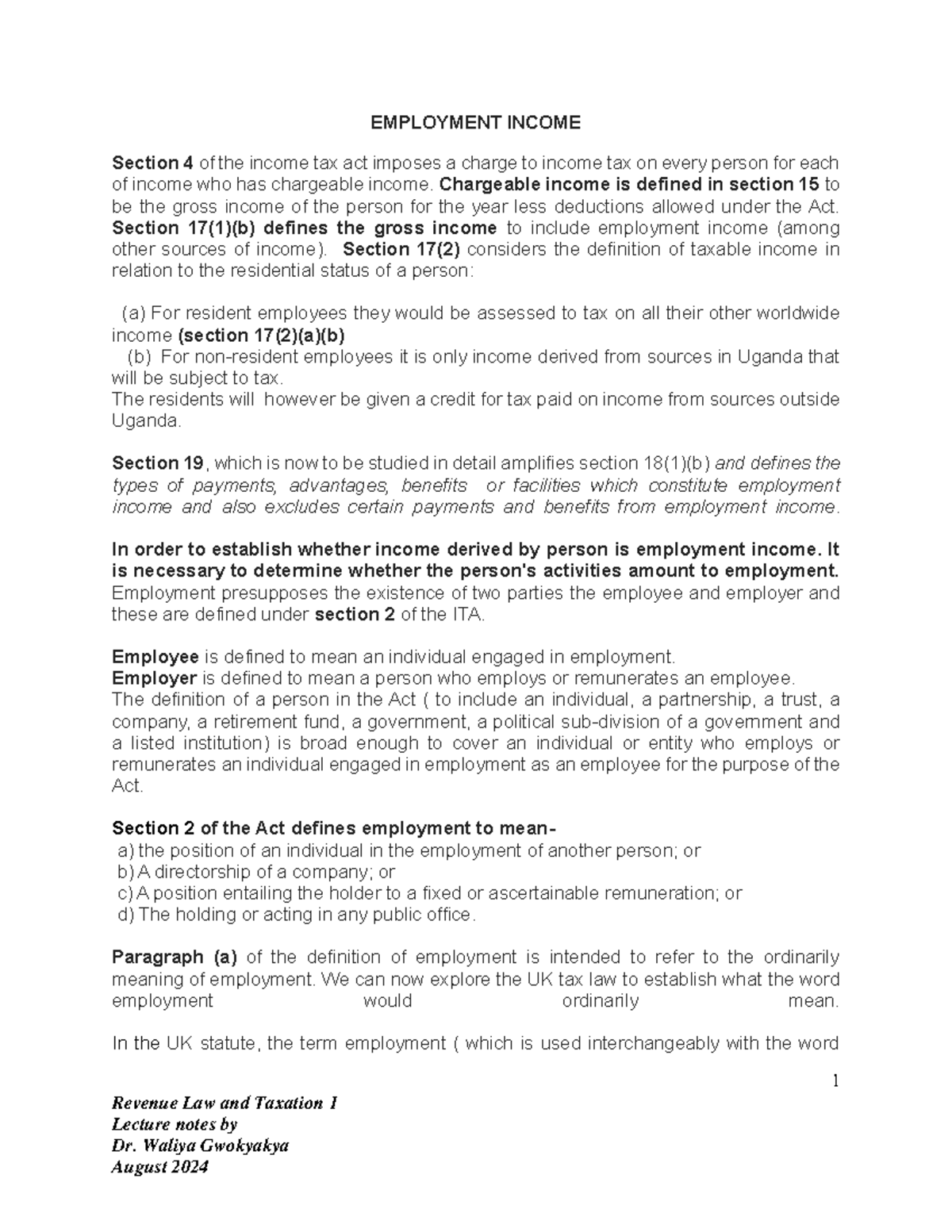 Employment Income Analysis: Tax Implications Under ITA 1 Lecture Notes ...