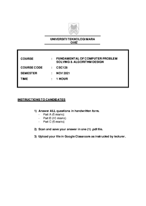 CSC126 QUIZ OCT2022- Revision- Suggested Answer - CSC126 – Fundamentals ...