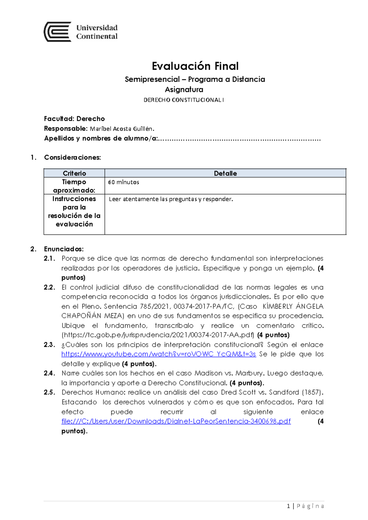 Examen Final Derecho Constitucional I - Evaluación Semipresencial - Studocu