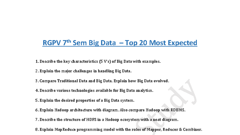 RGPV 7th Sem Big Data Important Questions for Exam Preparation - Studocu