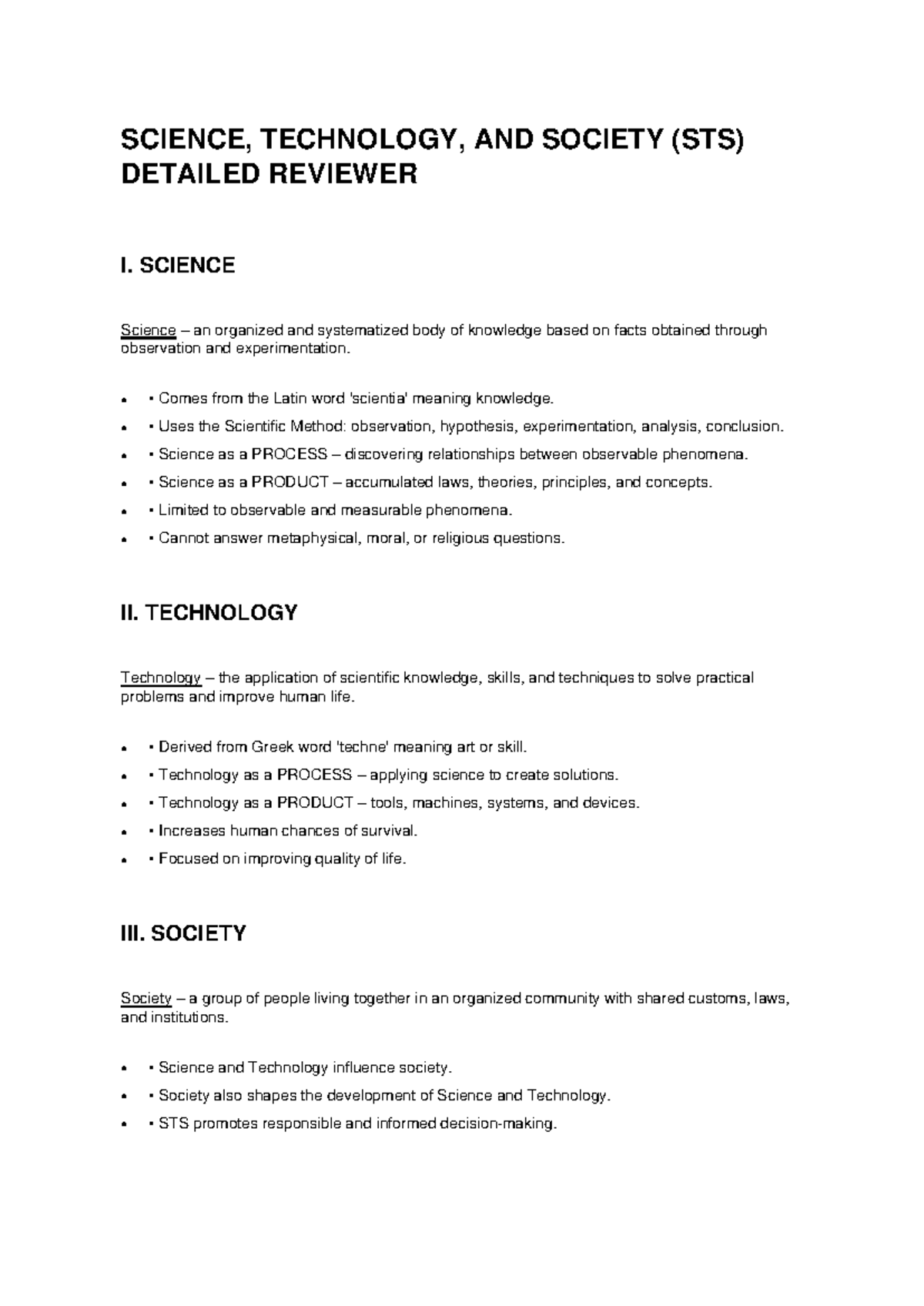 STS Detailed Reviewer: Science, Technology, and Society Overview - Studocu