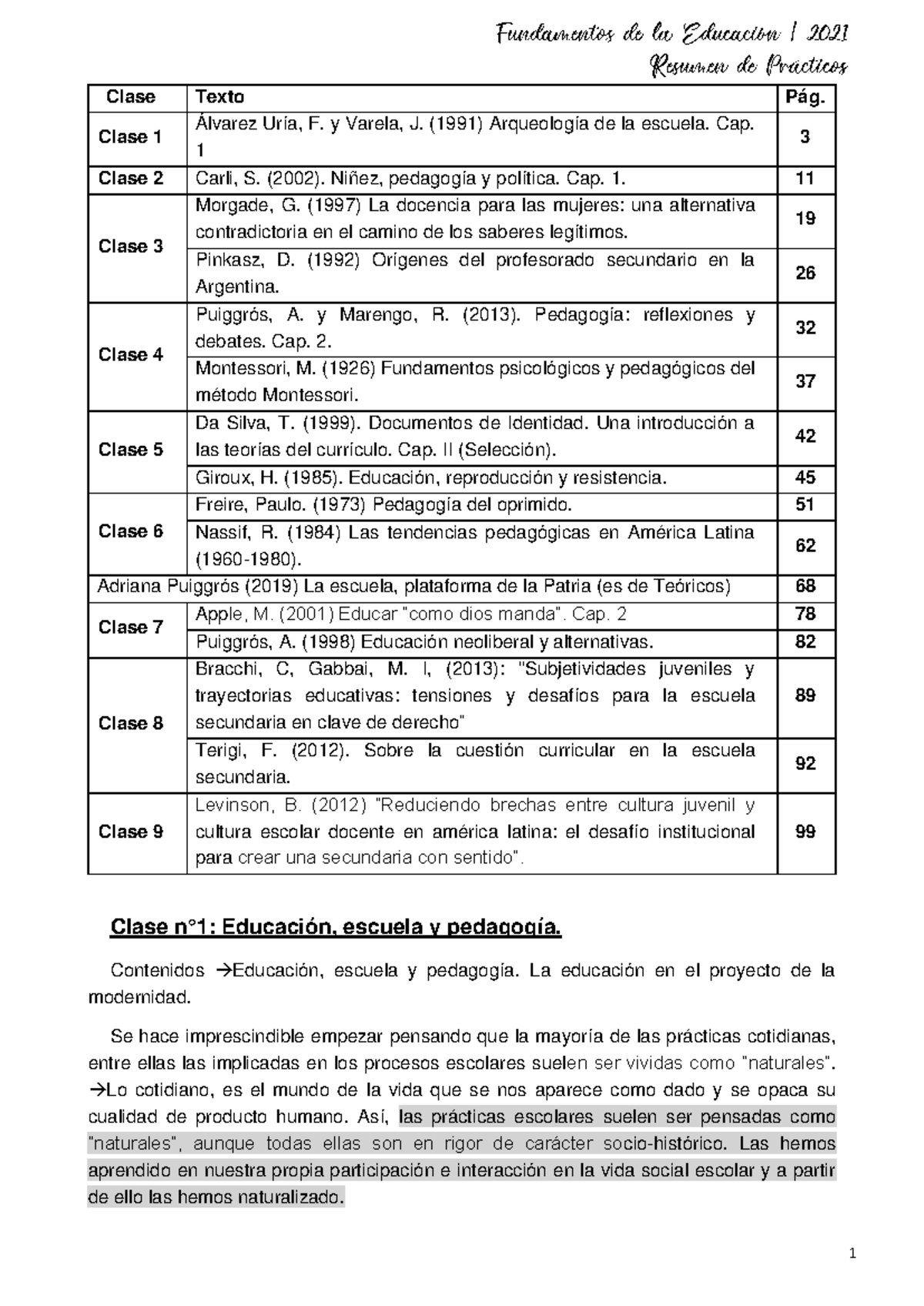 Clase 1-9: Resumen de la Educación y Pedagogía en Argentina - Studocu