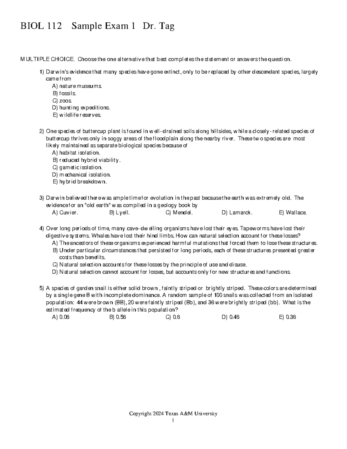 BIOL 112 Sample Exam 1 Spring 2024 Study Guide - Studocu