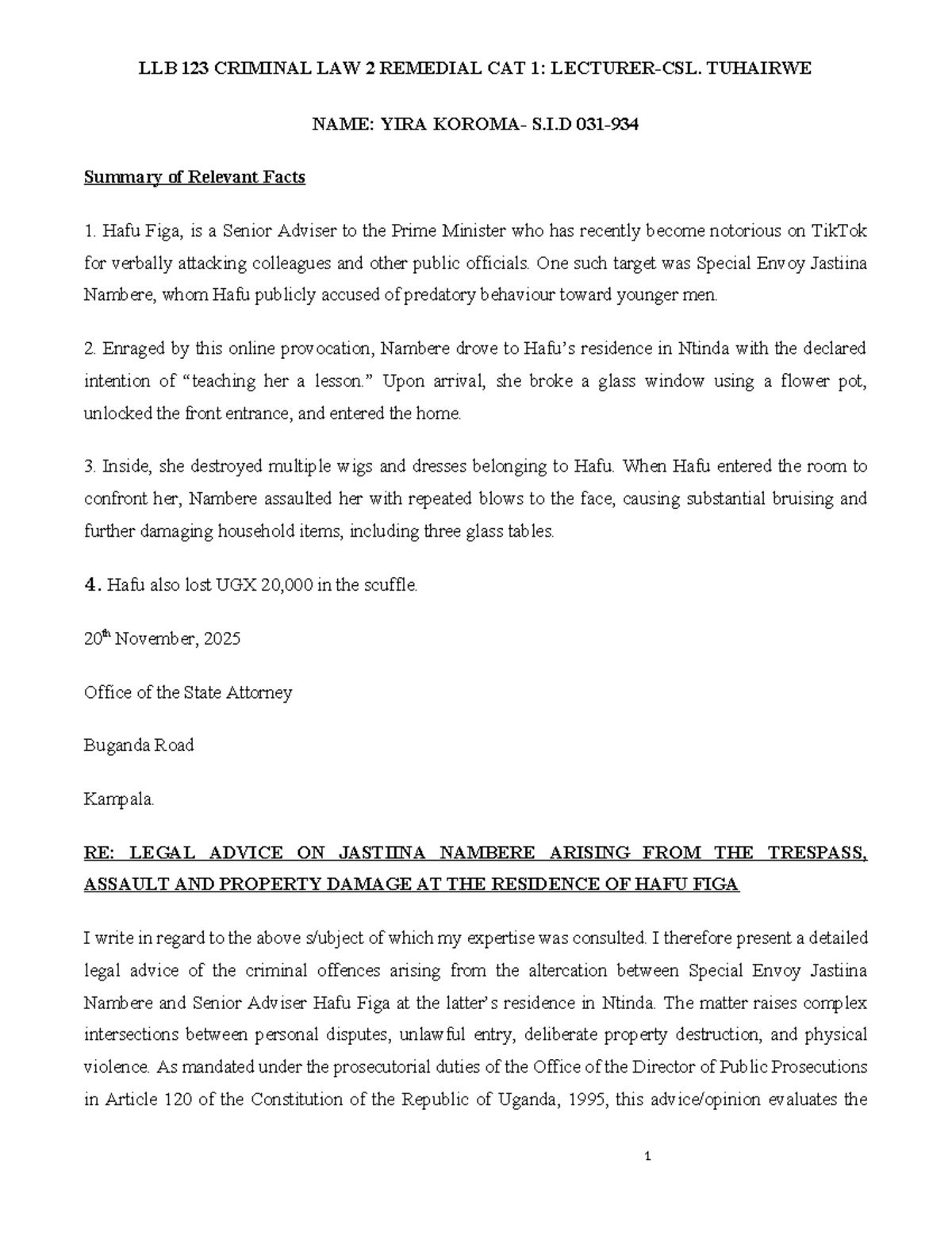 LLB 123 CRIMINAL LAW 2 REMEDIAL CAT 1: LEGAL ADVICE ON NAMBERE CASE ...