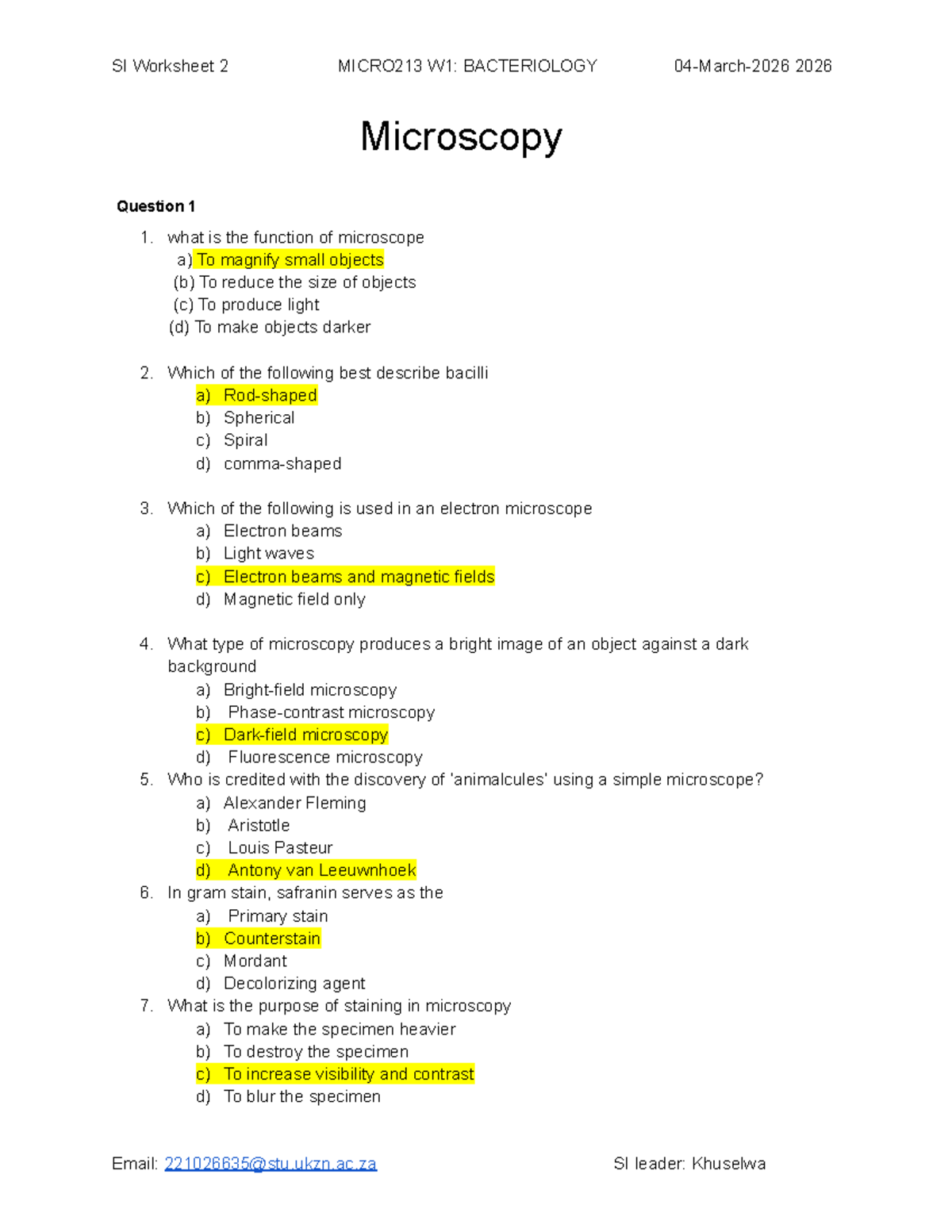 MICRO213 W1: Bacteriology SI Worksheet 2 - Microscopy Insights - Studocu