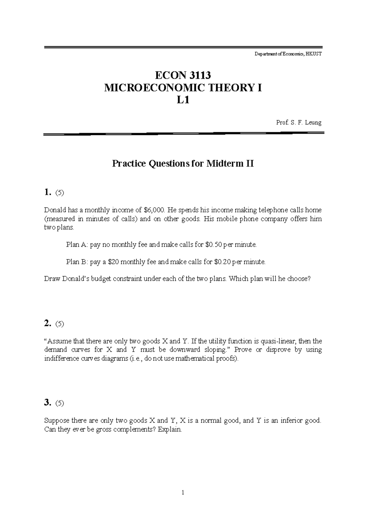ECON 3113 Microeconomic Theory I L1 Midterm II Practice Questions - Studocu