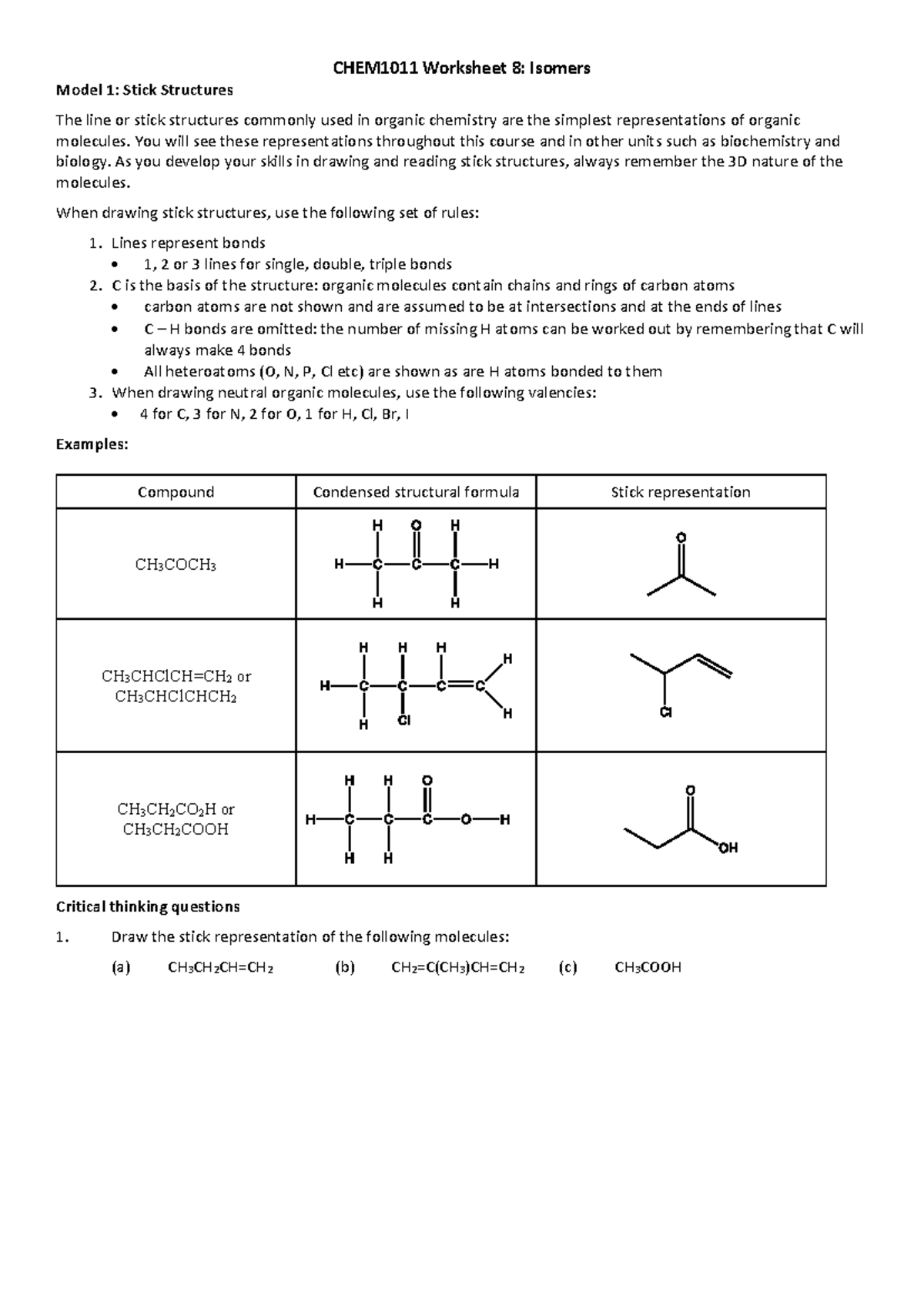 CHEM1011 Tutorial 08: Stick Structures & Isomers Explained - Studocu