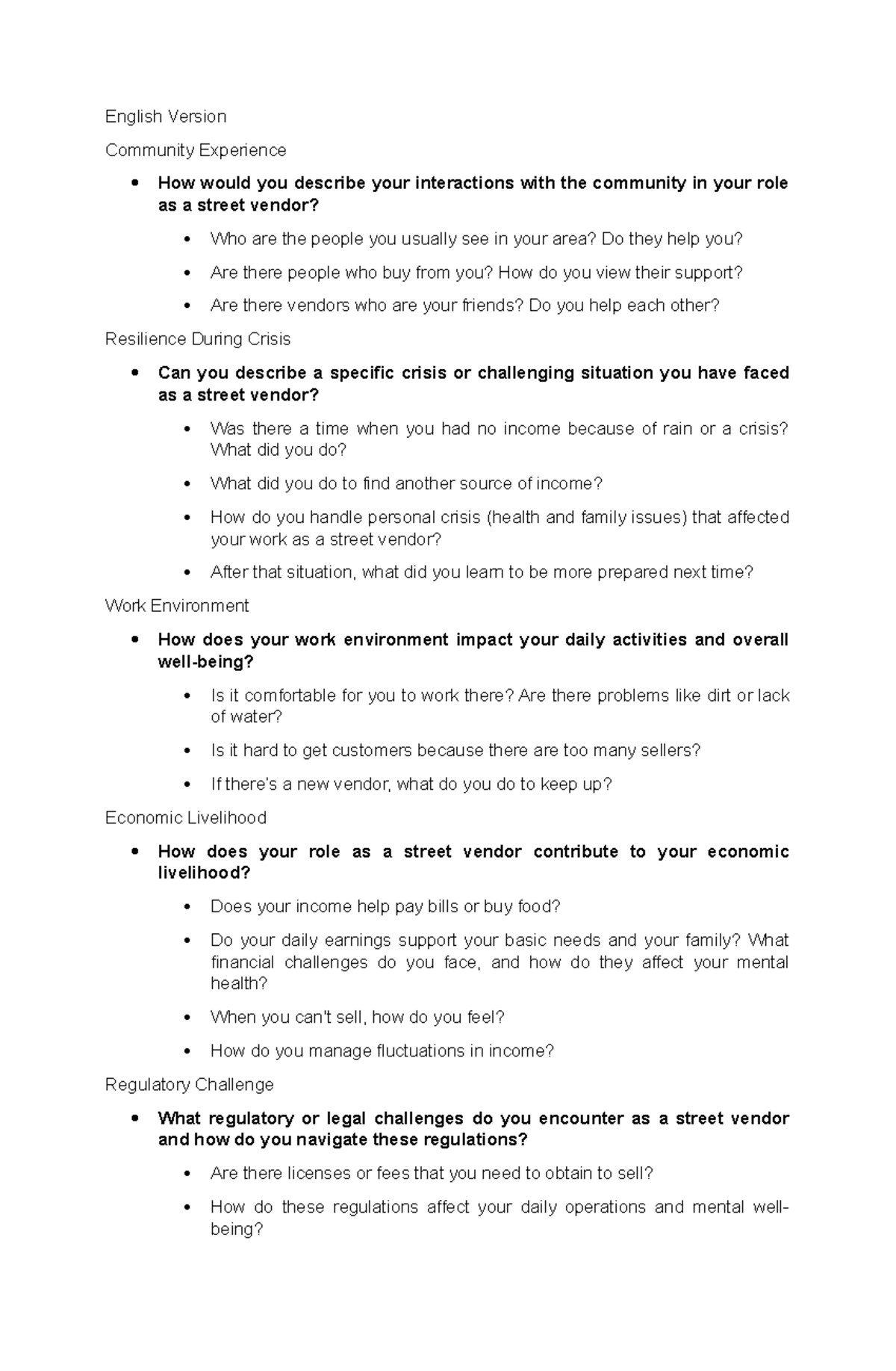 Interview Guide Questions for Street Vendors: Community & Resilience ...