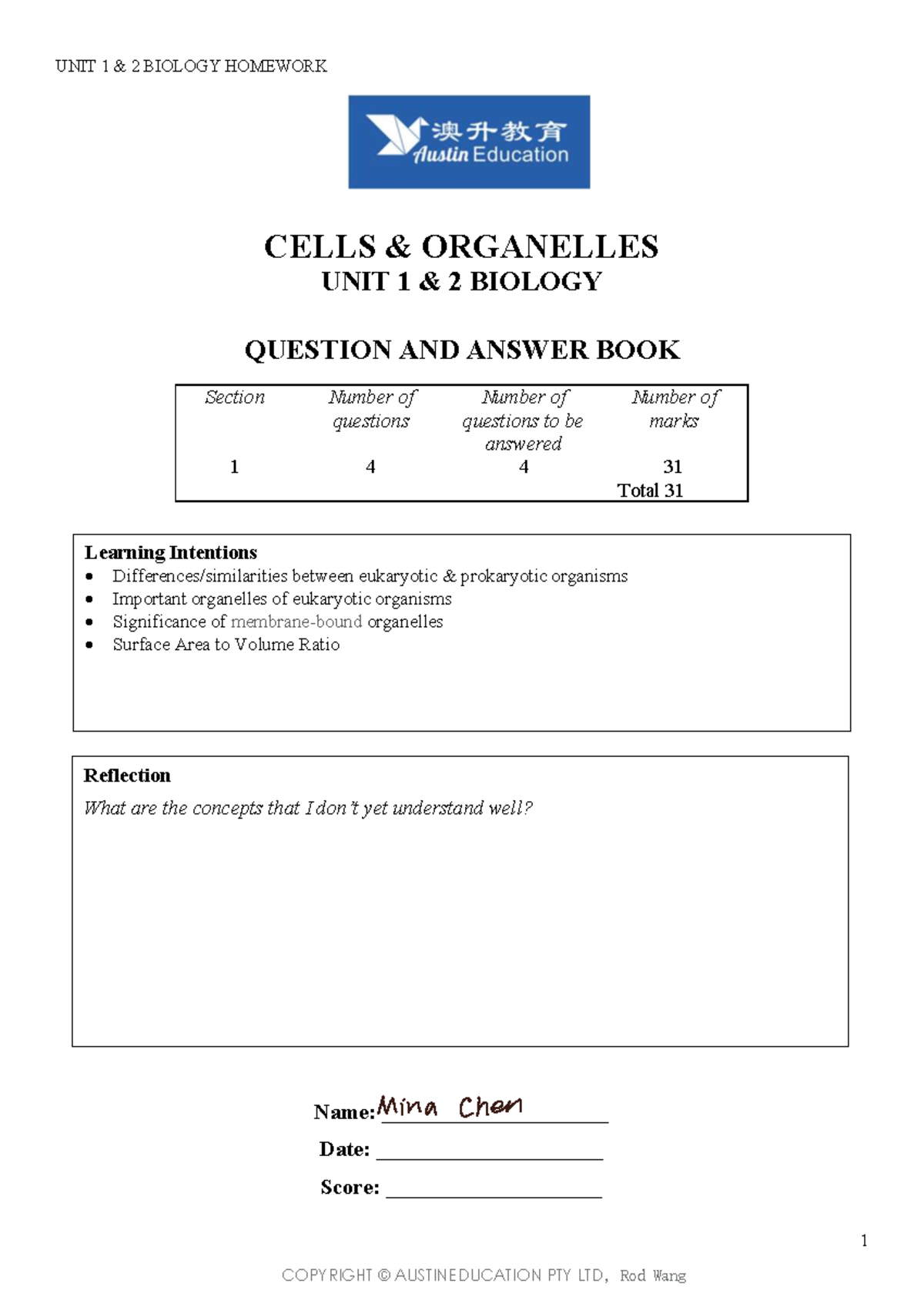 UNIT 1 2 BIOLOGY HOMEWORK: CELLS AND ORGANELLES Q&A - Studocu