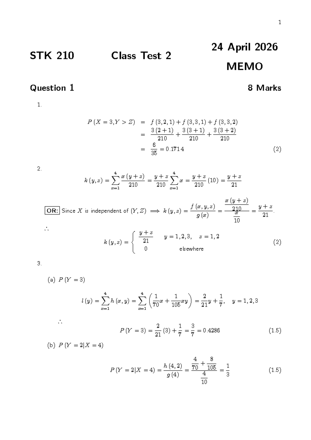 STK 210 Class Test 2 Memo - April 2026 Analysis and Solutions - Studocu