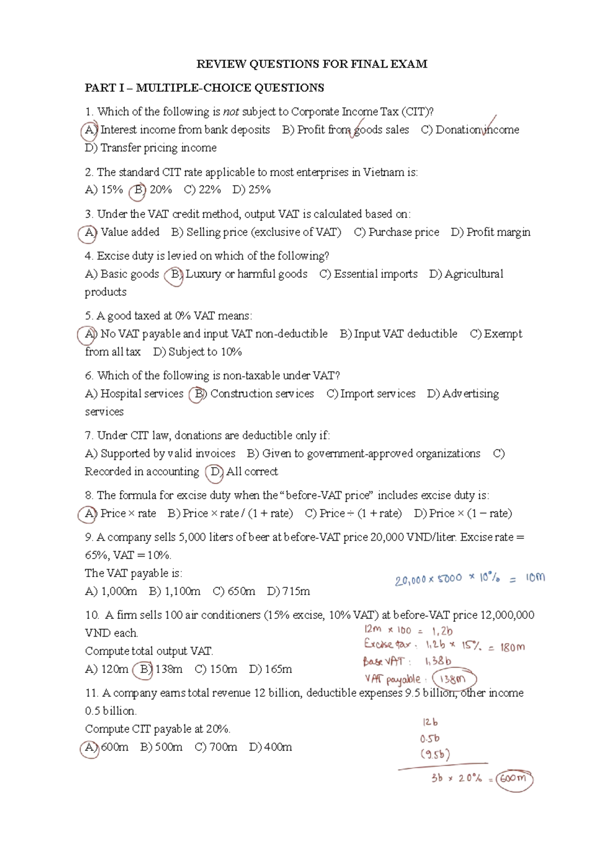 REVIEW QUESTIONS FOR FINAL EXAM (CIT & VAT) PART I & II - Studocu