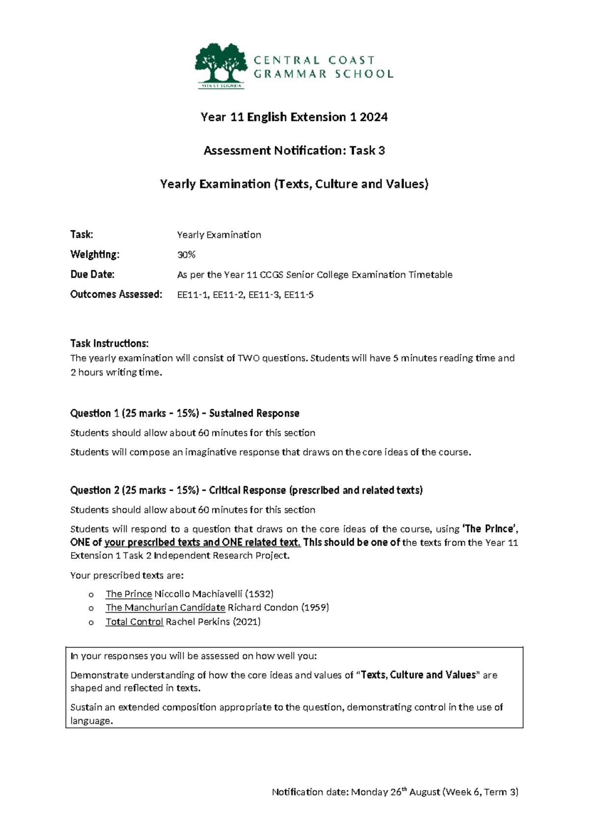 Year 11 English Ext 1 2024 Yearly Exam Notification: Task 3 - Studocu