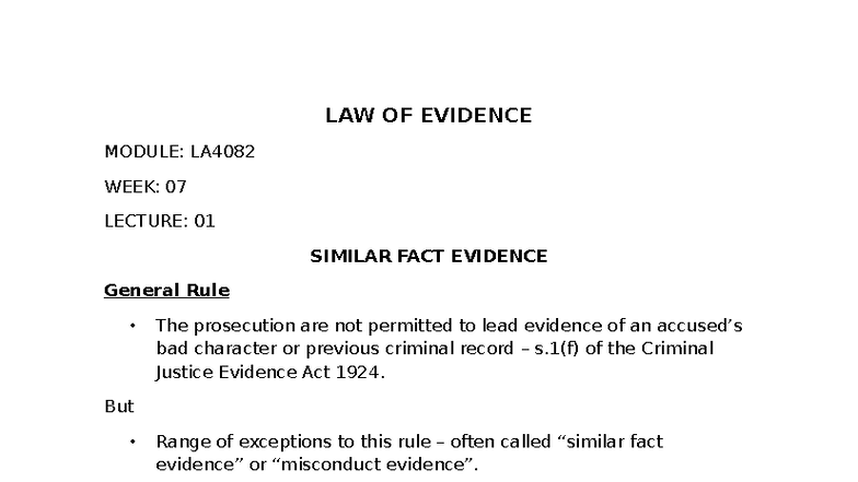LA4082 WEEK 07 LECTURE 01: Similar Fact Evidence in Law - Studocu