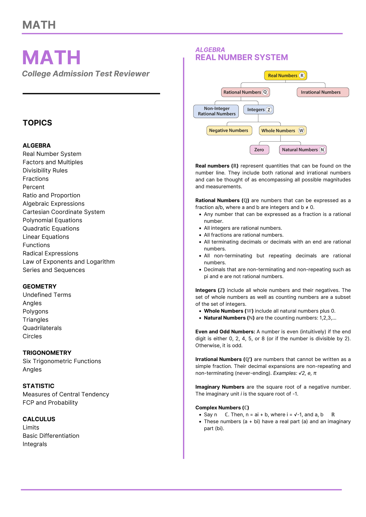 MATH 101 - Comprehensive Math Reviewer for CETS Preparation - Studocu