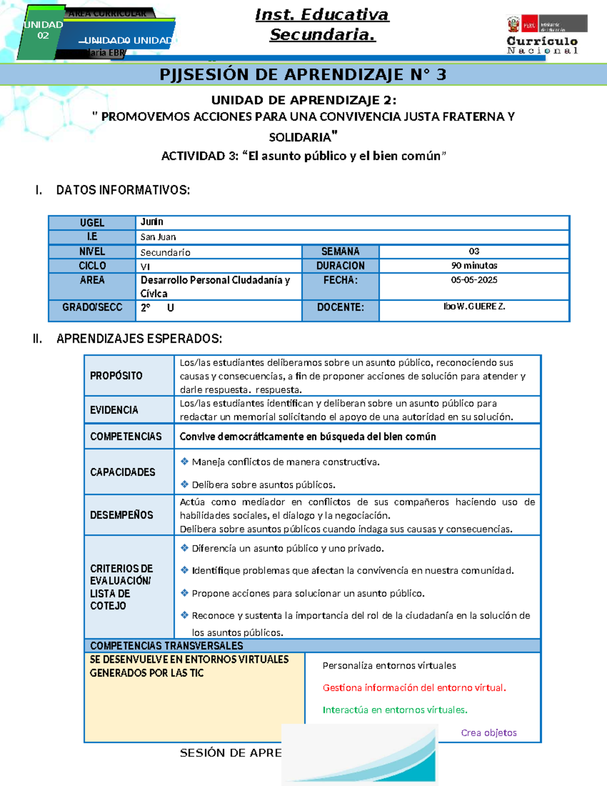 Sesión de Aprendizaje 3 (U2) - DPCC Secundaria 2025: Convivencia Justa ...