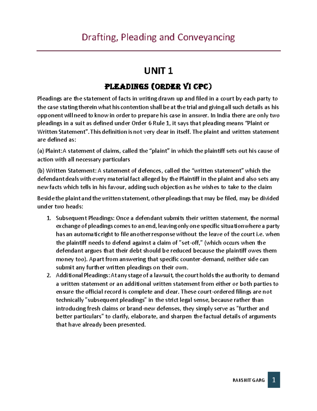 Drafting and Pleading Notes for DPC - Unit 1: Pleadings Overview - Studocu