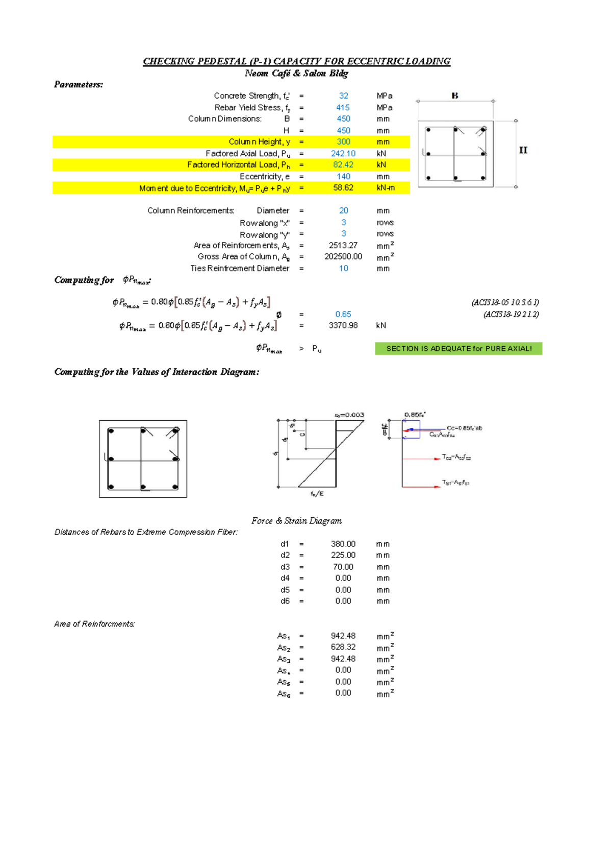 Pedestal Calculations (Cafe & Salon) - Parameters: Concrete Strength ...